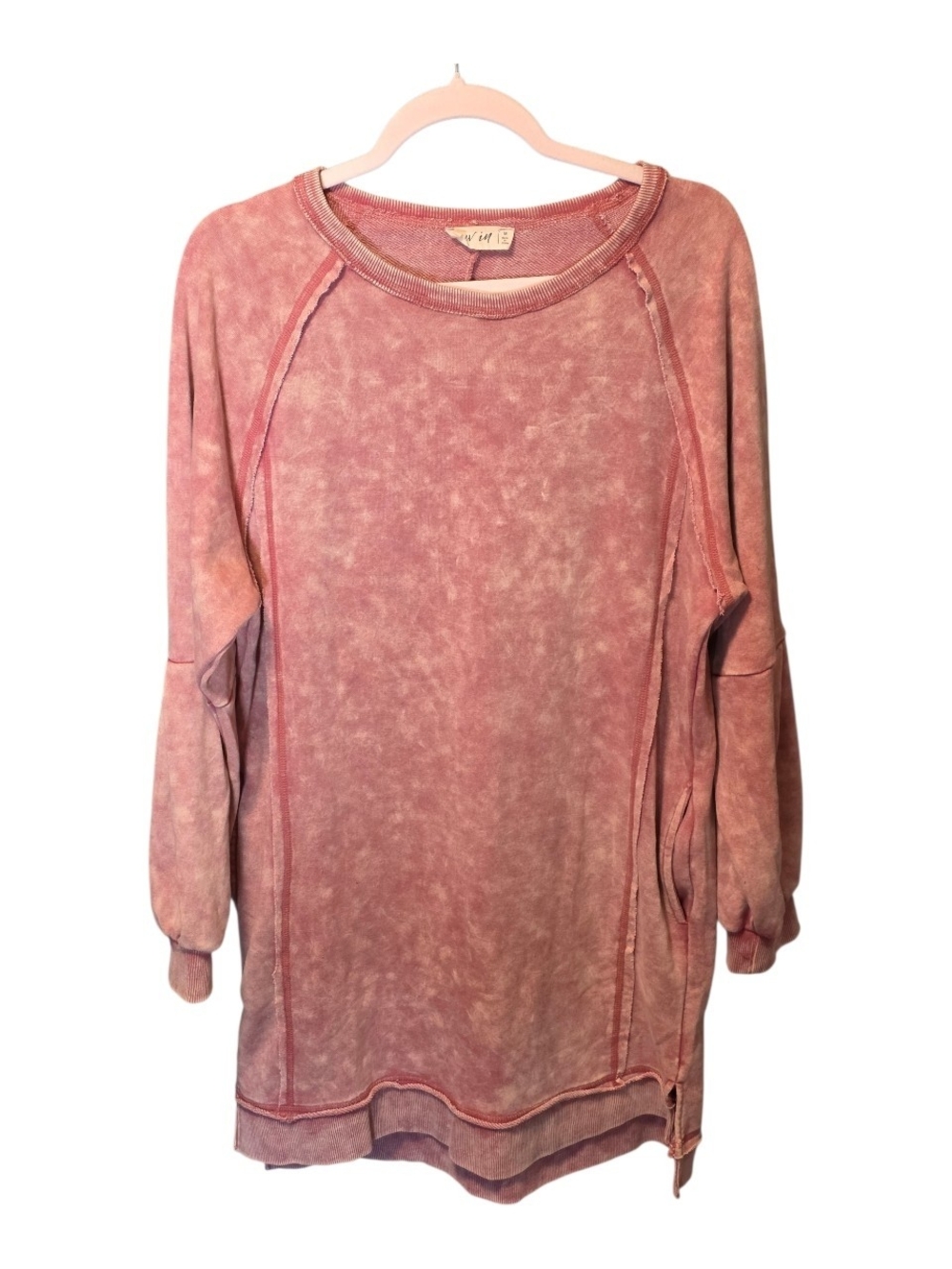 Washed Pink Long-Sleeve Midi Dress with Crew Neck